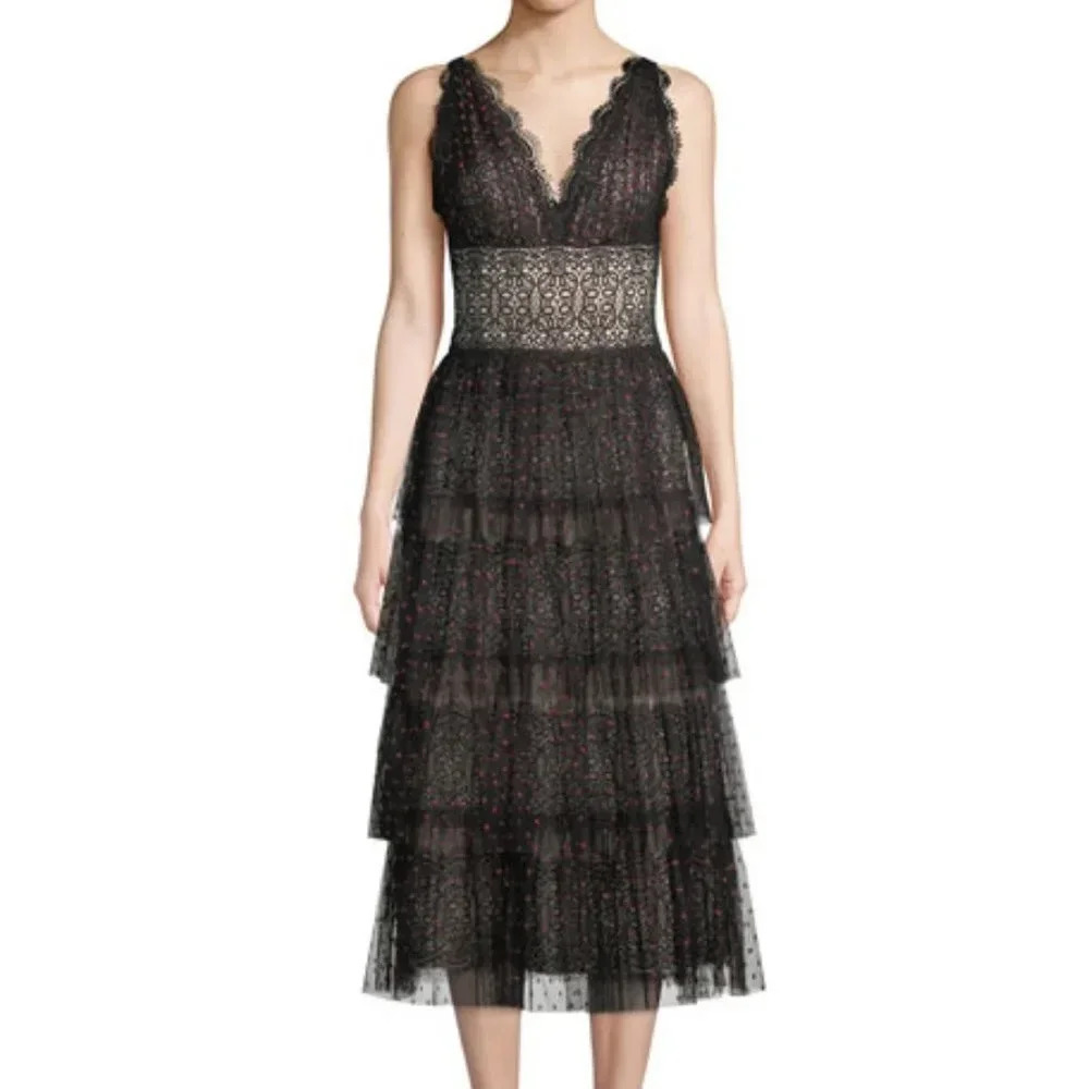 NWT Catherine Deane | Lala Lace Midi Dress w/ Tiered Tulle Skirt - Size 14